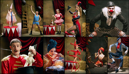 Collage. Talented people acting in circus, acrobat, strongman, performers with props, and classic...