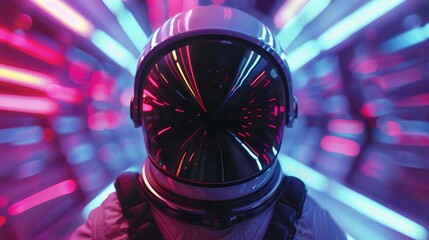 Psychedelic retro wave astronaut illuminated by neon tube lights, featuring trendy pink, blue, and violet colors. Front view of the space suit.