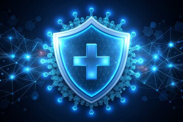 Fototapeta premium Stylized digital illustration of a radiant blue shield with a medical cross, overlaid by coronavirus icons, set against a mysterious dark background, conveying protection and hope.