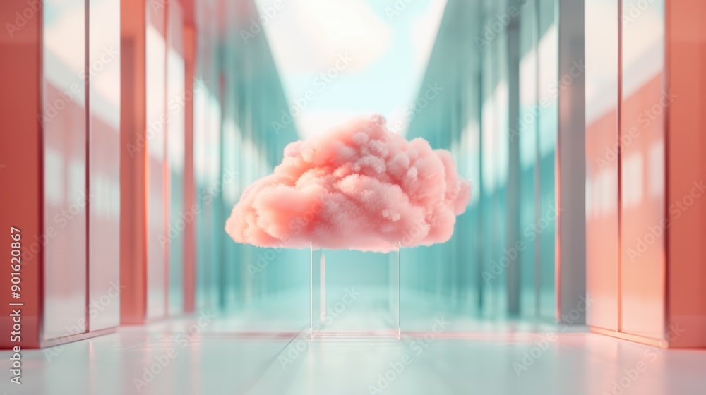Poster create captivating images of cloud computing with surreal data centers housed within translucent, fl