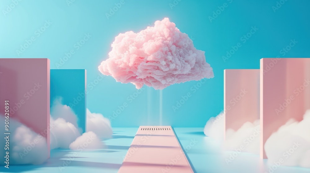 Poster capture the essence of cloud data centers in a surreal landscape where racks of servers blend seamle