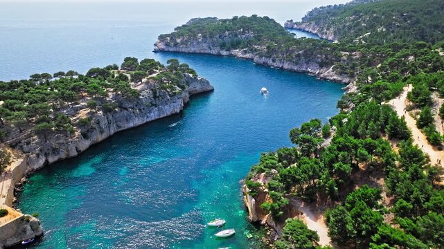 Aerial view of a long, narrow inlet featuring a marina lined with sailboats and hiking path with scenic water views. Calanque de Port-Miou in the eastern calanque between Marseille and Cassis.
