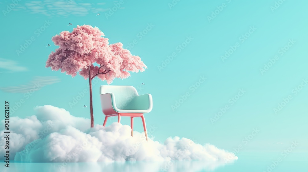 Poster explore surreal remote work environments with cloud computing, featuring floating desks and digital 