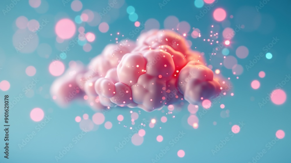 Poster explore surreal cloud computing with ai and big data, featuring floating neural networks and luminou