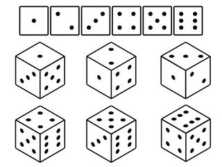 Six variants white game cubes isolated on white background. Gambling concept.