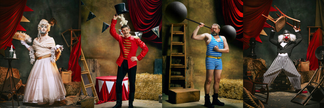 Collage capturing various characters, bearded lady in gown, cheerful magician, strongman lifting weights, and clown, all in vibrant costumes. Concept of circus, theater, performance, show, retro