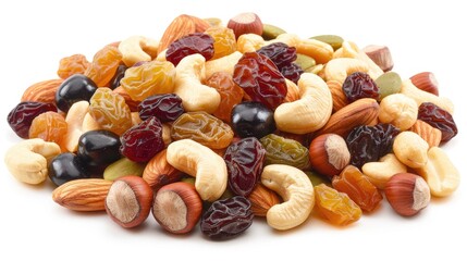 Almonds, hazelnuts, peanuts, cashews, candied fruit, and raisins, mixed and isolated on a background
