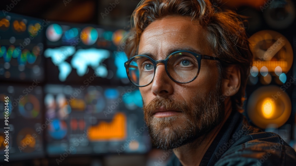 Poster focused man analyzing data on multiple screens in modern office during evening hours. generative ai