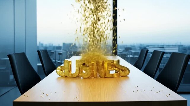 A swirling vortex of golden shiny particles gradually forming the "BUSINESS" text on wooden office desk.
