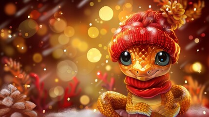 Cute cartoon snake in knitted hat, New Year's card in red and gold colors.Merry Christmas 2025