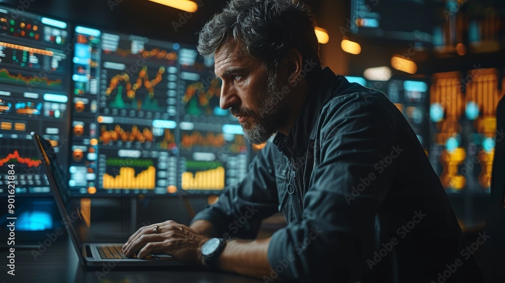 Poster focused analyst working late in a modern office surrounded by data visualizations at night. generati