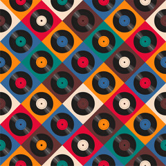 Seamless pattern print background with vinyl record disks vector illustration music  wallpaper decorative artistic texture 