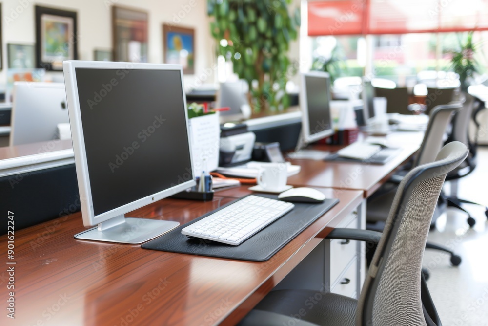 Poster modern office with multiple workstations and natural light emphasizing a collaborative and productiv