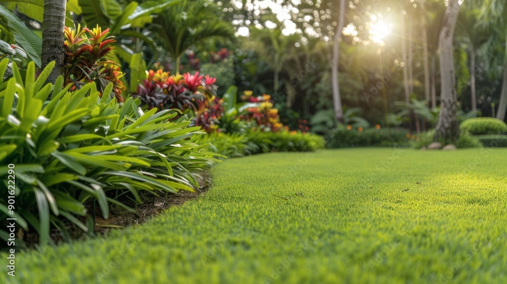Poster a lush green lawn with a row of flowers and a tree in the background