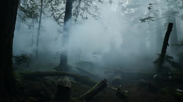 Spooky Halloween misty foggy forest night. Halloween night in a deep dark mysterious forest. Spooky eerie misty foggy woods at night with moonlight.