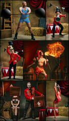 Colorful circus collage showing strongman, magician, fire-breather, acrobat, all in vibrant...