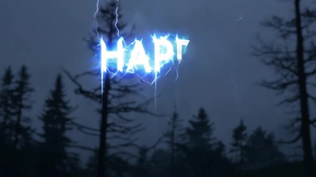 Focuses on a dark forest landscape during a thunderstorm. Lightning bolts strike the ground, leaving glowing trails. From these trails, the words "HAPPY HALLOWEEN" emerge.