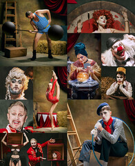 Vibrant circus collage showcases strongman, acrobat, fortune teller, clowns, and magician, each in...