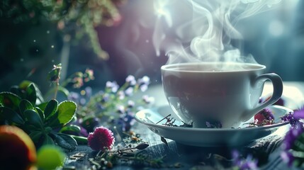 Fototapeta premium Aromatic Herbal Tea Infusion: Steaming Cup with Fresh Herbs and Vibrant Flowers. Natural Wellness Beverage Showcasing Organic Ingredients for Relaxation, Health Benefits, and Sensory Delight.