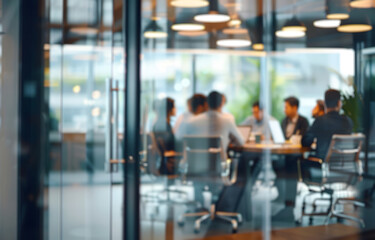 
Blurred diverse group of businesspeople collaborating, smiling, and discussing work over laptops in a modern office setting.