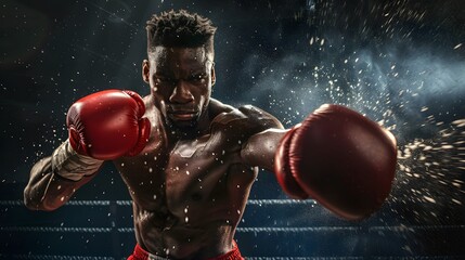 Boxing Punch: A boxer delivering a powerful punch, gloves in motion and opponent dodging.
