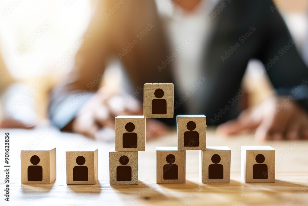 Poster building a strong team: a close-up view of wooden blocks stacked to form a pyramid, each block depic
