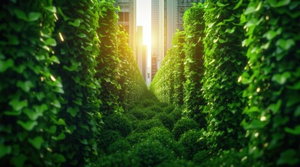 Fototapeta premium Visualize a post-apocalyptic scene where nature reclaims urban landscapes, vines crawling over skyscrapers like living veins.