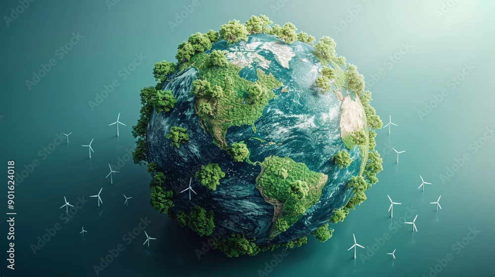 Poster globe with renewable energy symbols minimal icon flat green background style space for text