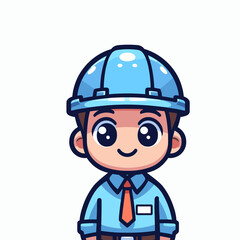 Anime-style image, male engineer, blue eyes, blue hard hat, light blue shirt, orange tie, brown pants, short brown hair, friendly expression, smiling face.
