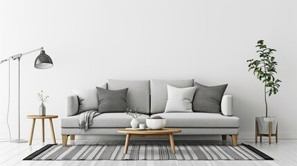 Contemporary white living room with gray and black sofa, wooden table, lamp, and carpet, wall with space for text or mockup
