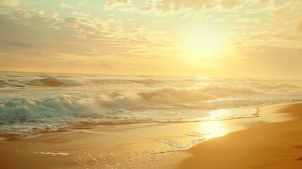 Obraz premium A serene morning on the beach, with the golden sunrise and gentle waves creating a peaceful ambiance. 