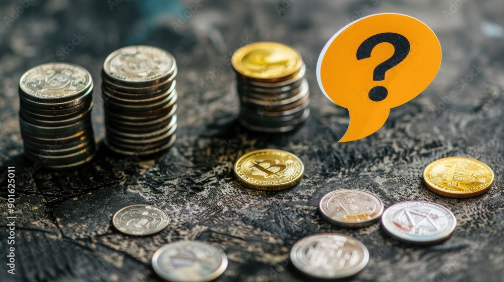 Aufkleber A speech bubble with a question mark in yellow balancing on top of several coin stacks. 