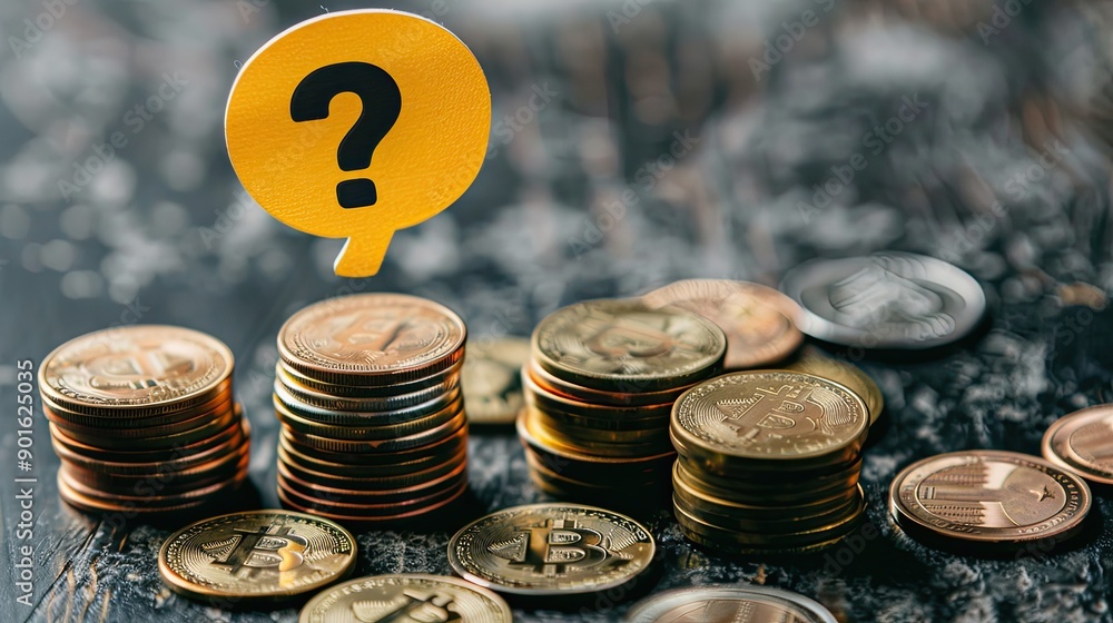 Aufkleber A speech bubble with a question mark in yellow balancing on top of several coin stacks. 