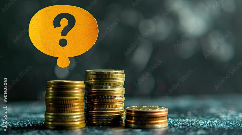 Aufkleber A speech bubble with a question mark in yellow balancing on top of several coin stacks. 