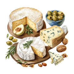 Hand drawn cheese set with addings. Vegetarian healthy food. Watercolor illustration. Template for card, menu