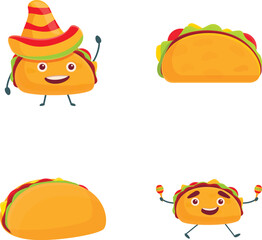 Funny taco icons set cartoon vector. Cute cartoon fast food tacos character. Traditional mexican food