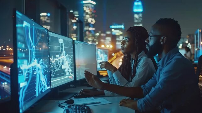 Two Diverse Male and Female Software Engineers Discuss Live Analysis Feed with City Road and Traffic Updates. Managers and Data Scientists Collaborate in a Modern Monitoring Office Generative ai 