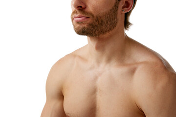 Fototapeta premium Shirtless man with defined jawline, well-groomed beard, and strong physique, highlighting modern male beauty and fitness, isolated on white background. Concept of skin care, cosmetology, cosmetics