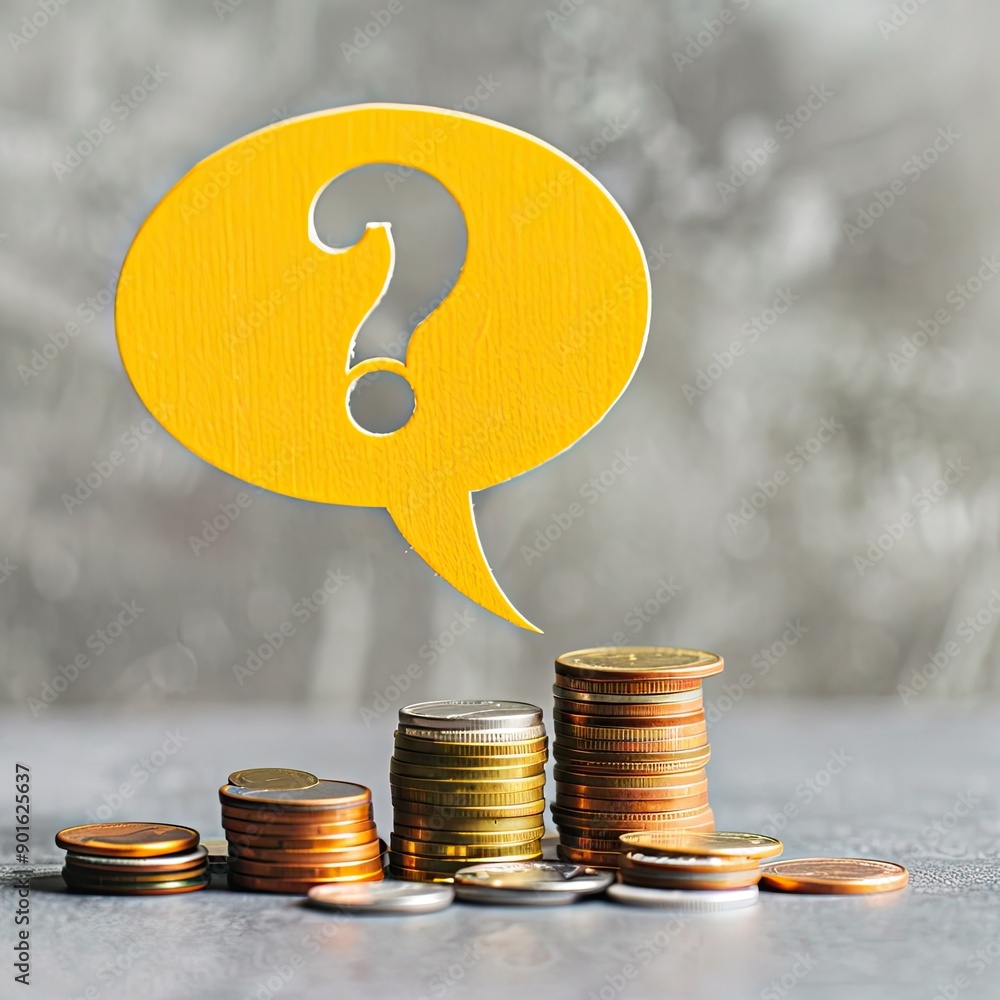 Aufkleber A speech bubble with a question mark in yellow balancing over mixed coin piles. 