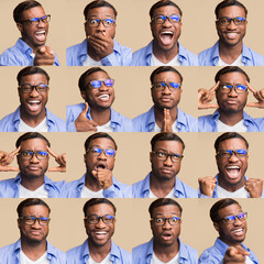 Collage Of Emotional African American Guy's Portraits Expressing Different Emotions. Young Afro Man...