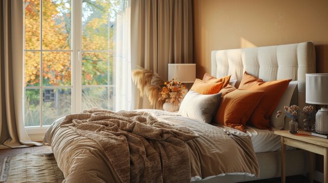 a cozy autumn themed bedroom with a beautiful window view