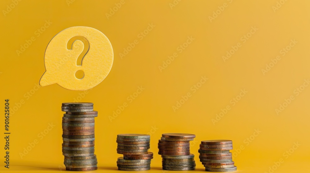 Poster A speech bubble with a question mark in yellow balancing on staggered stacks of coins. 