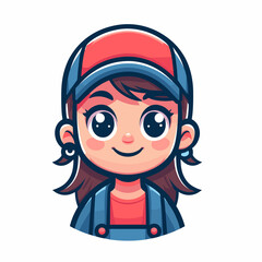 Anime-style image, female mechanic, blue eyes, pink cheeks, blue and red uniform, red and blue cap, long brown hair, friendly expression, hoop earrings, smiling face