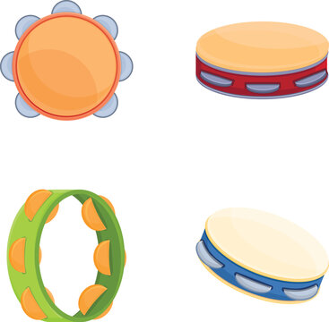 Ethnic tambourine icons set cartoon vector. Tambourine of various style. Percussion musical instrument