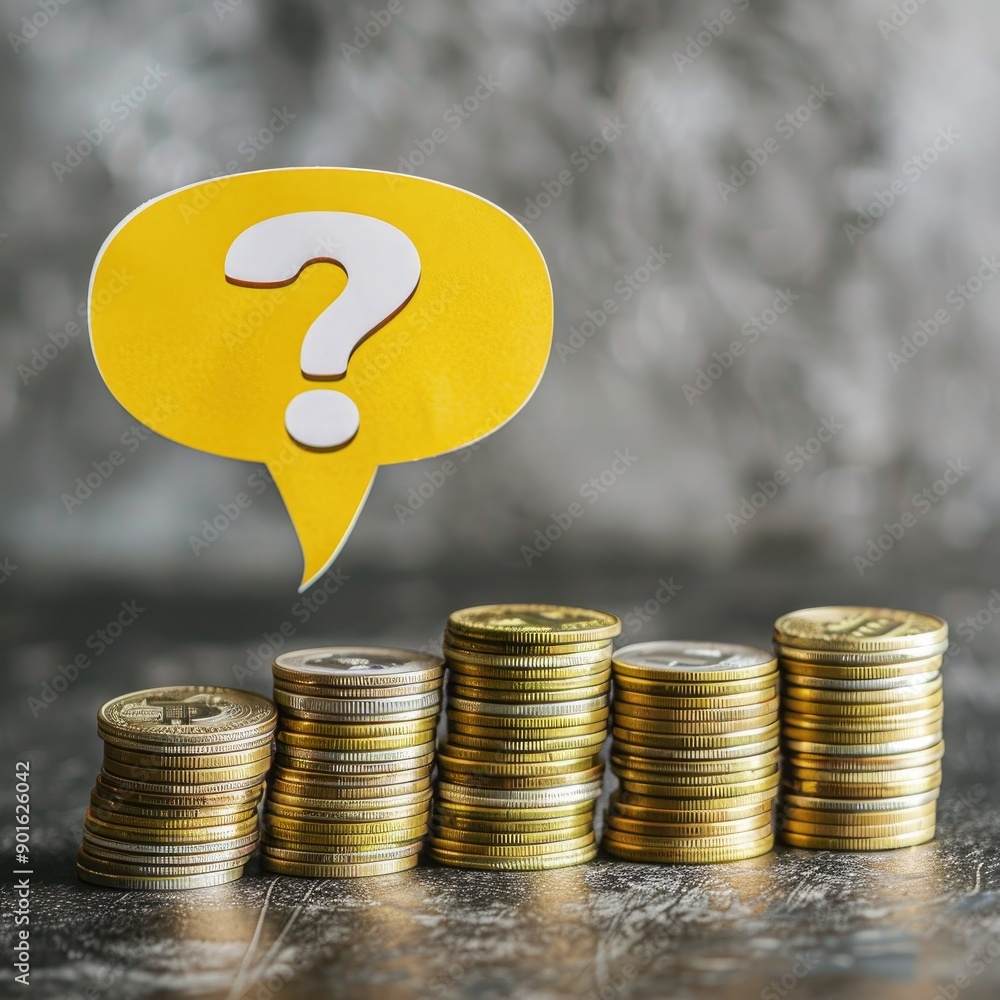 Aufkleber A speech bubble with a question mark in yellow positioned over neatly arranged coin stacks. 