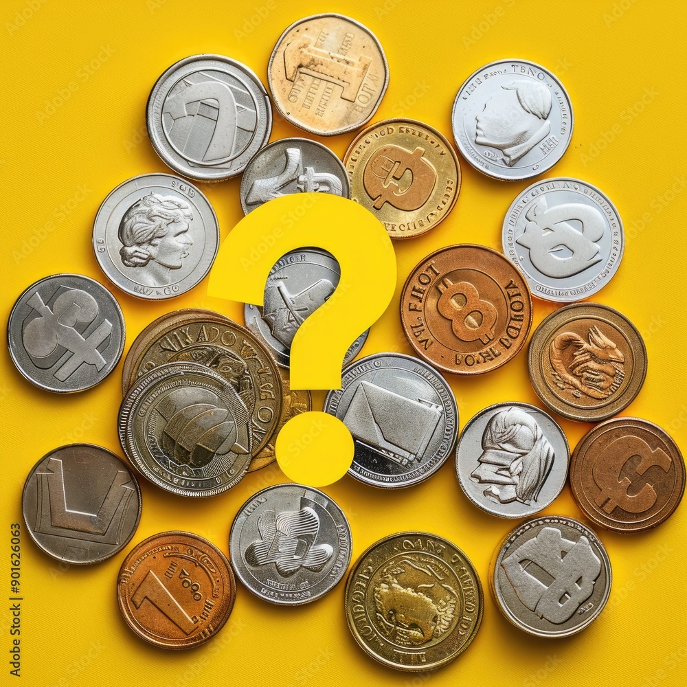 Poster A speech bubble with a question mark in yellow positioned over different denominations of coins. 