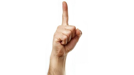 Male hand pointing upwards with index finger, close-up on white background, isolated and clear