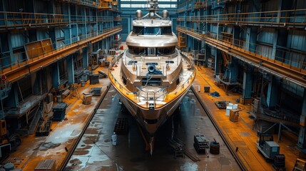 Luxury yacht in modern shipyard. Luxury yacht docked in a modern shipyard, surrounded by industrial structures and equipment, being prepared for launch or maintenance.