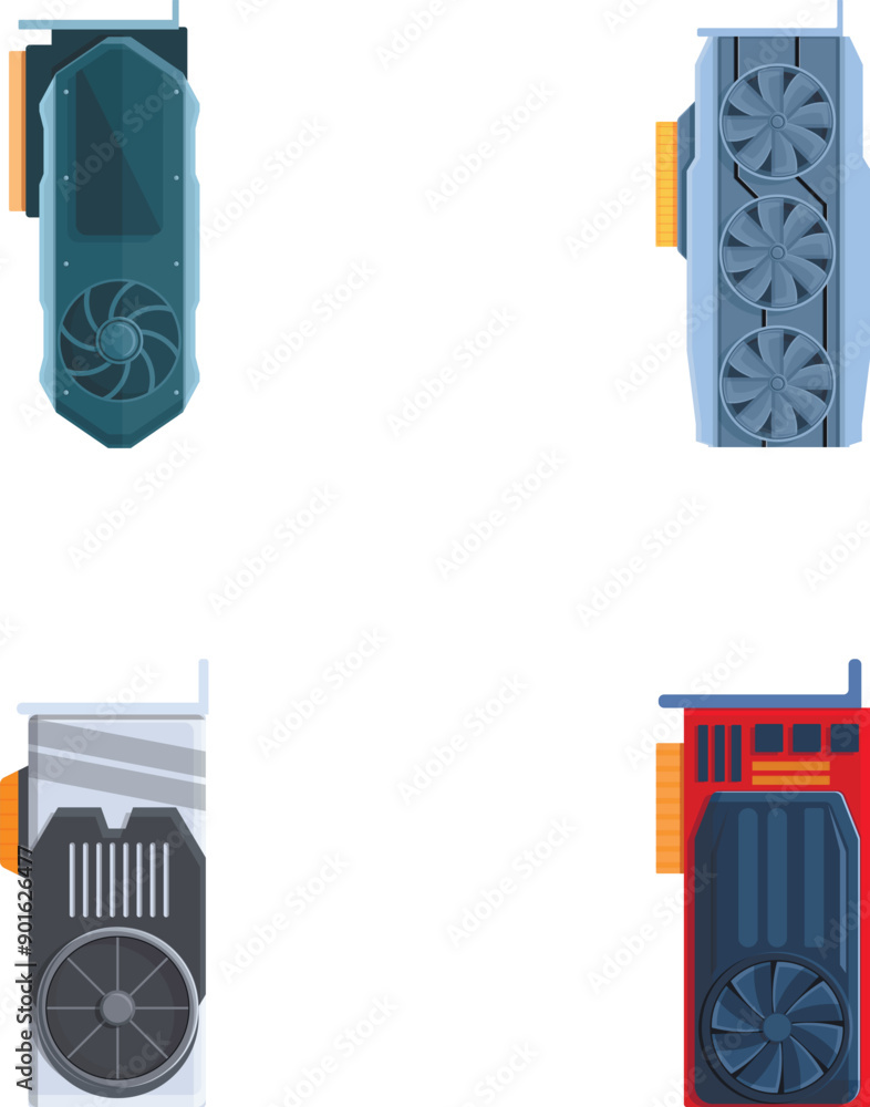 Poster computer part icons set cartoon vector. computer graphic card with cooling fan. personal computer co