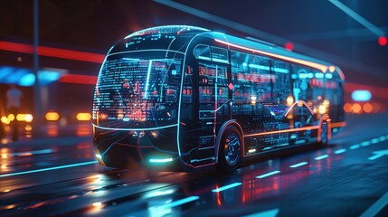 Self-driving bus with a minimalistic design, featuring a holographic route map. Set in a futuristic urban transit system, the bus showcases advanced technology and efficient public transportation.
